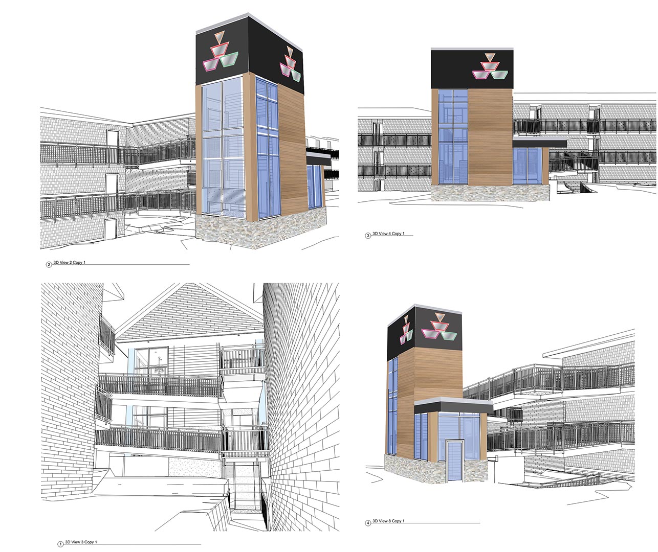 Artist rendering of hotel elevator towers under construction.